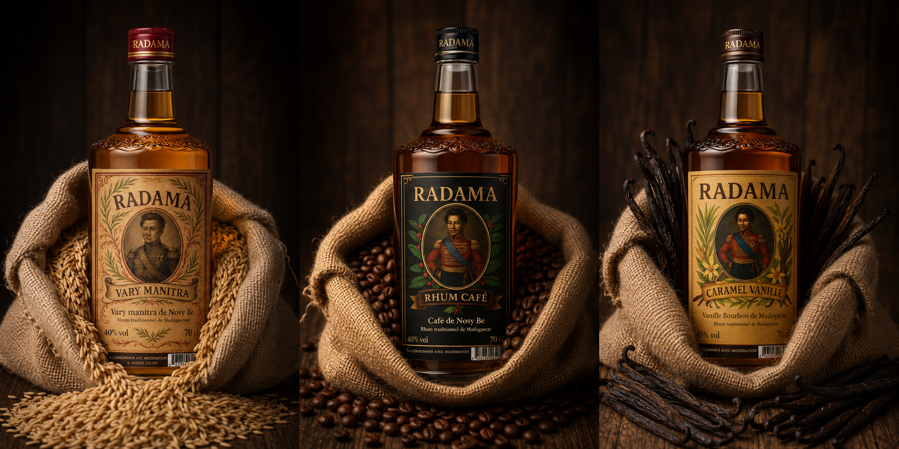 La collection RADAMA RHUM — Vary Manitra, Café, Caramel-Vanille